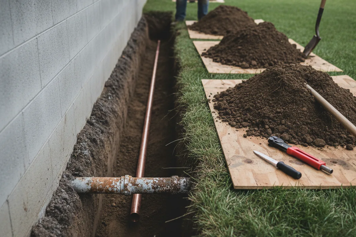 Excavated water line trench during Water Heater Repair in Atlantic Beach